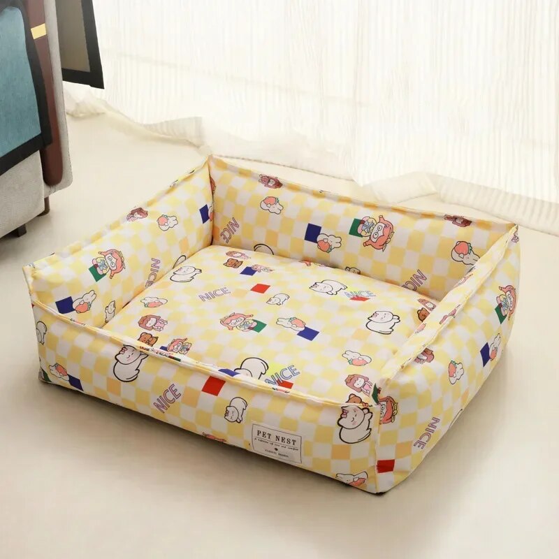 Square Lattice Pet Kennel Bed - Medium & Small Dog Calming Sofa Cushion Yellow