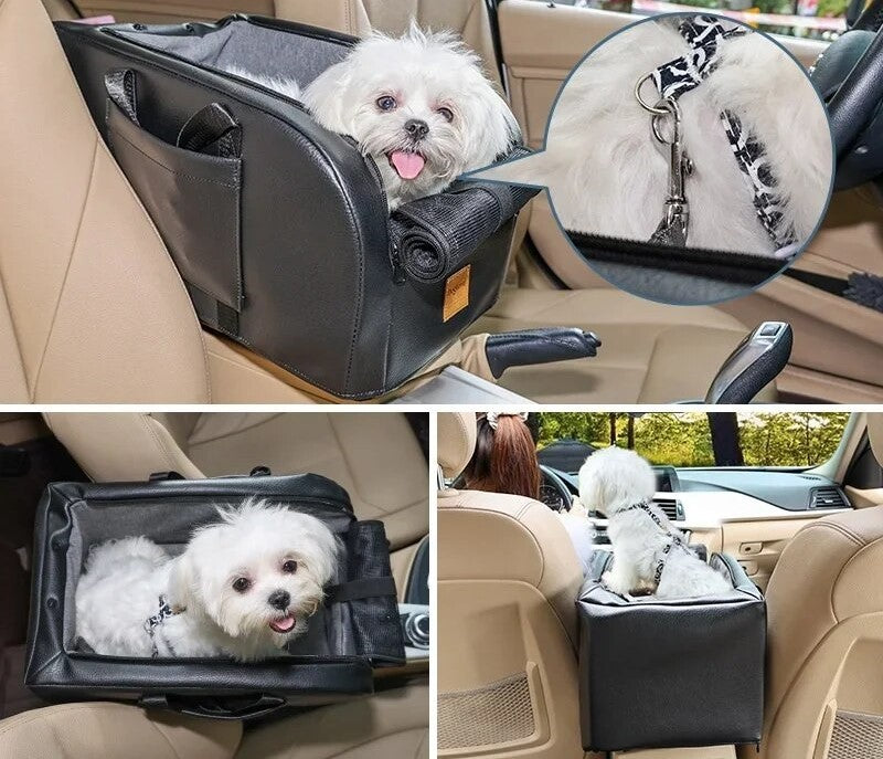 Portable Car Seat Cage for Cats & Dogs Leather Pet Carrier