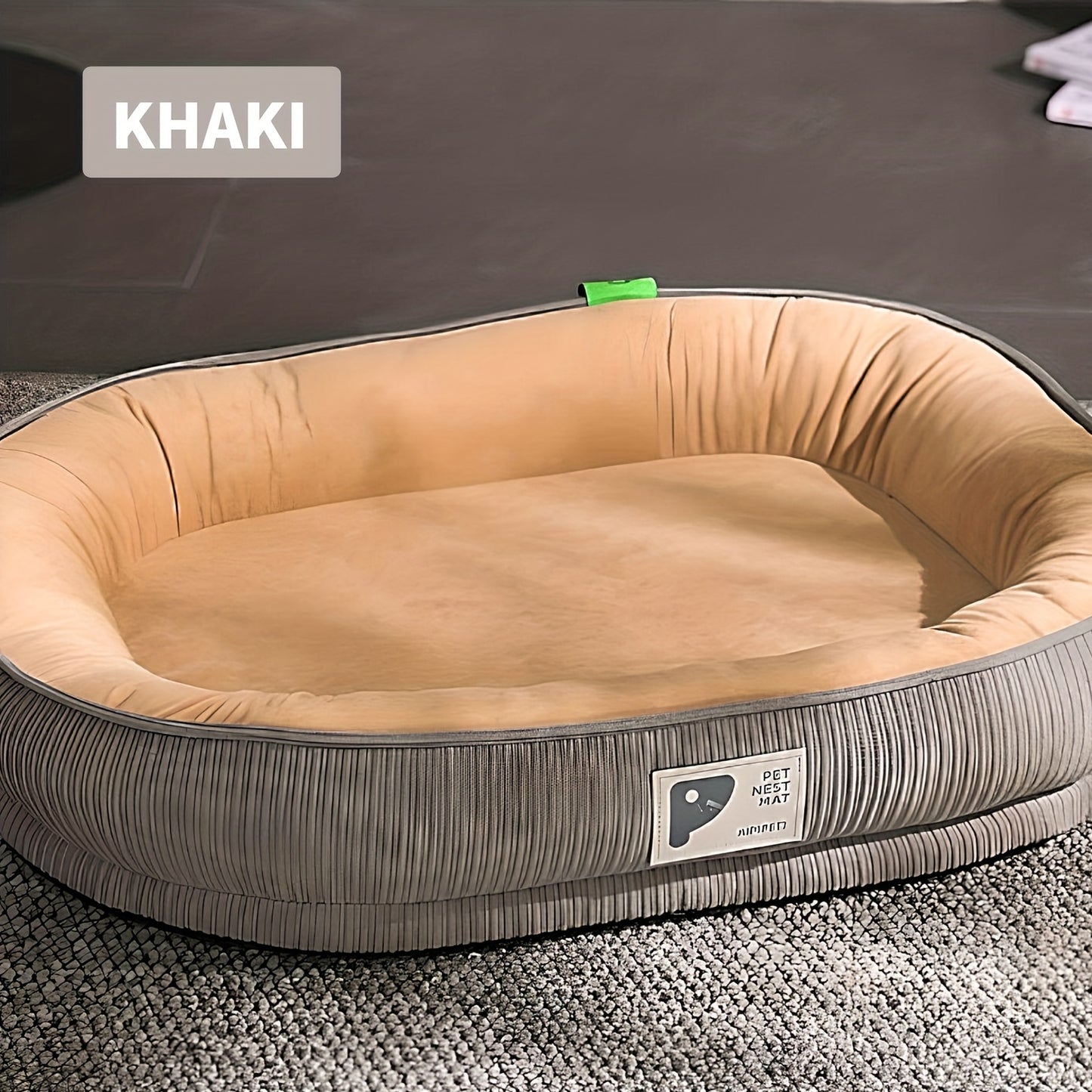 Cozy oval pet bed with plush cover, featuring built-in neck support for cats and dogs in khaki color