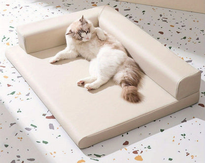 Modern pet bed with leather-inspired finish, perfect for small and medium cats