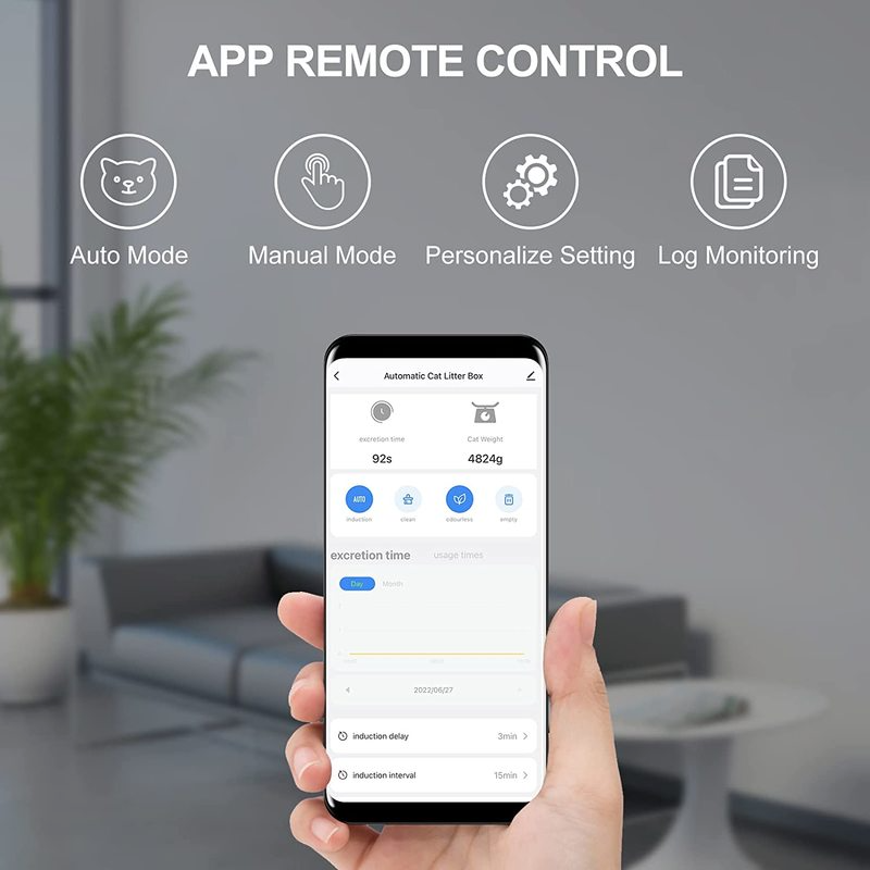 Litter Robot app interface on a smartphone, for remote control and monitoring.