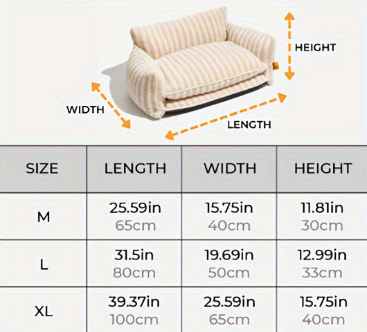 size chart of pet bed with a unique striped design