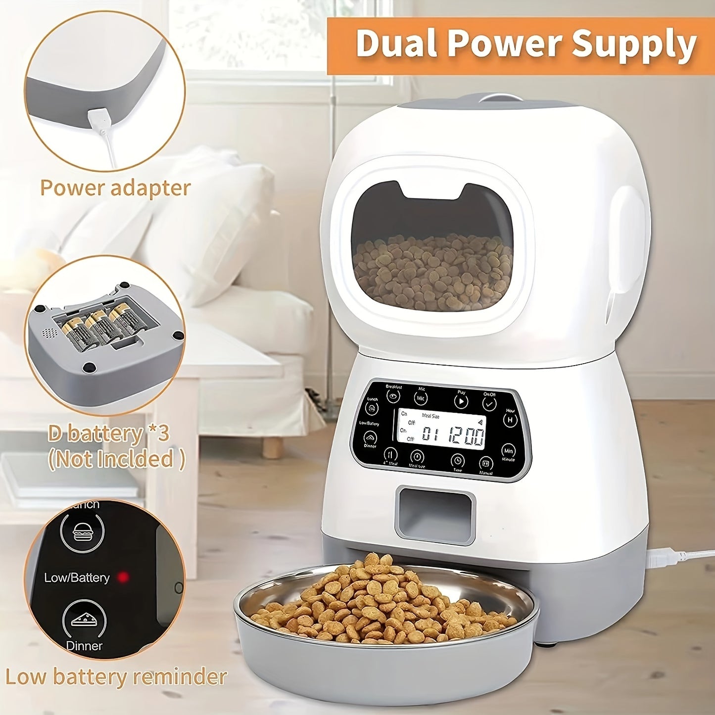 Dual Power Supply of  Smart Automatic Pet Feeder for Cats & Dogs