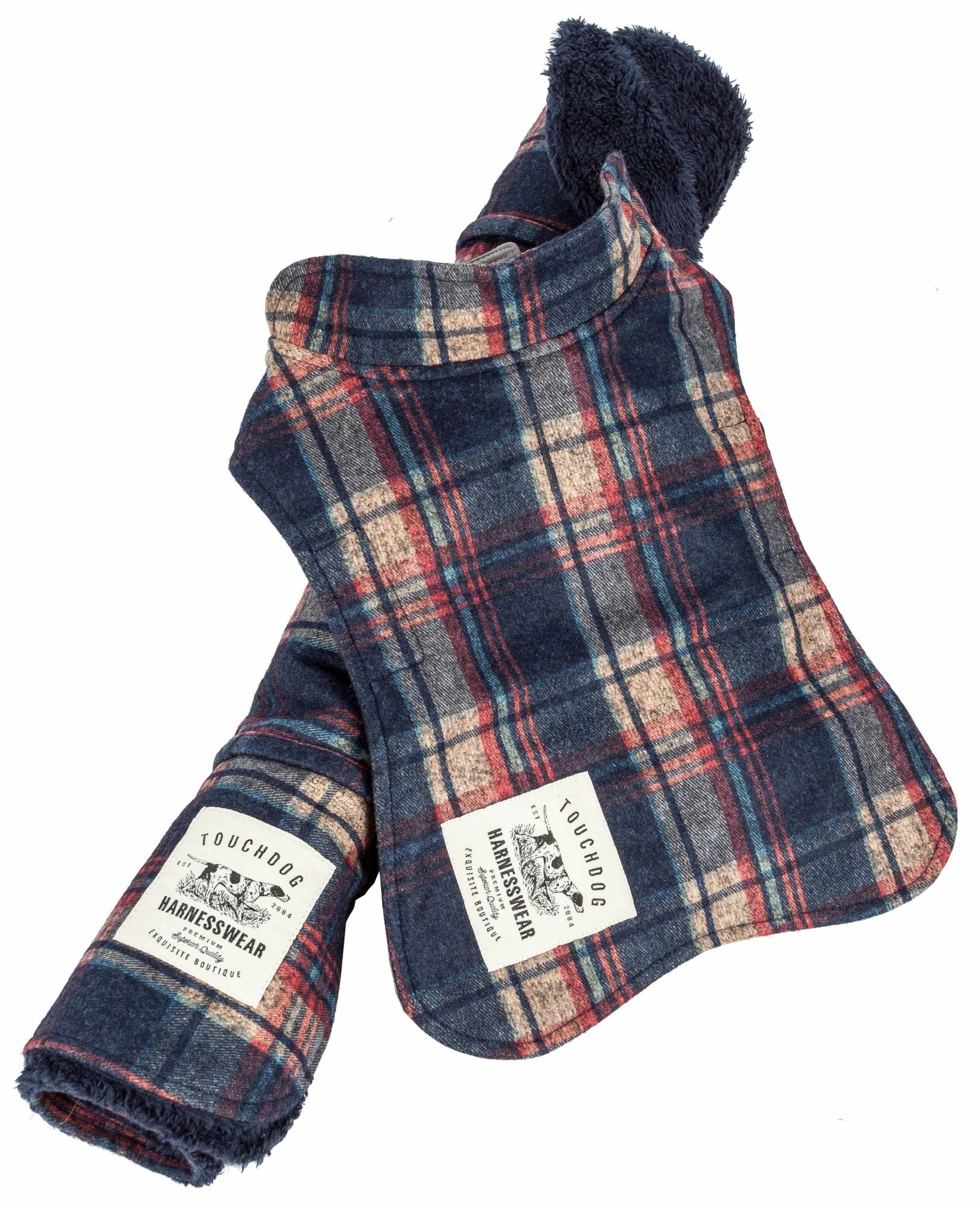 "Blue Reversible tartan dog jacket alongside its matching tartan mat."