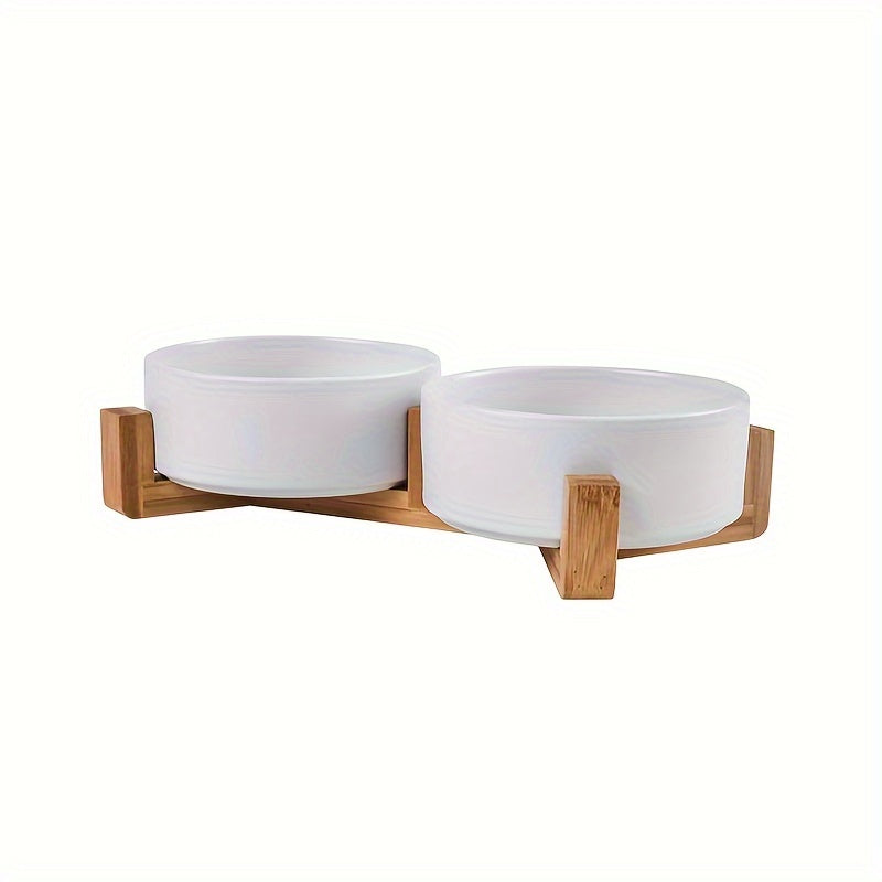 Chic elevated ceramic dog bowl with wooden rack in white color