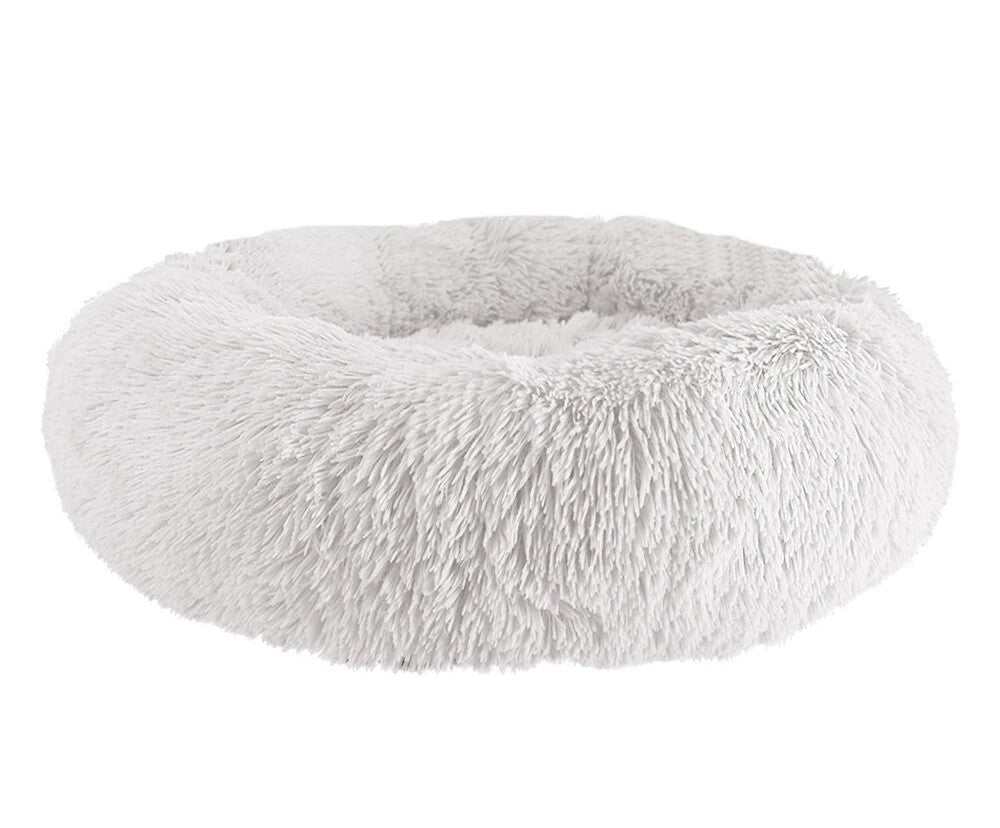 Orthopedic Plush Donut  Round Dog Bed: Non-Slip & Soothing Comfort White