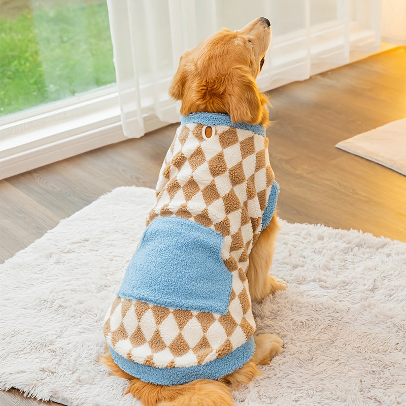 Warm tartan dog coat for winter, showcasing the cozy cotton material and pullover design