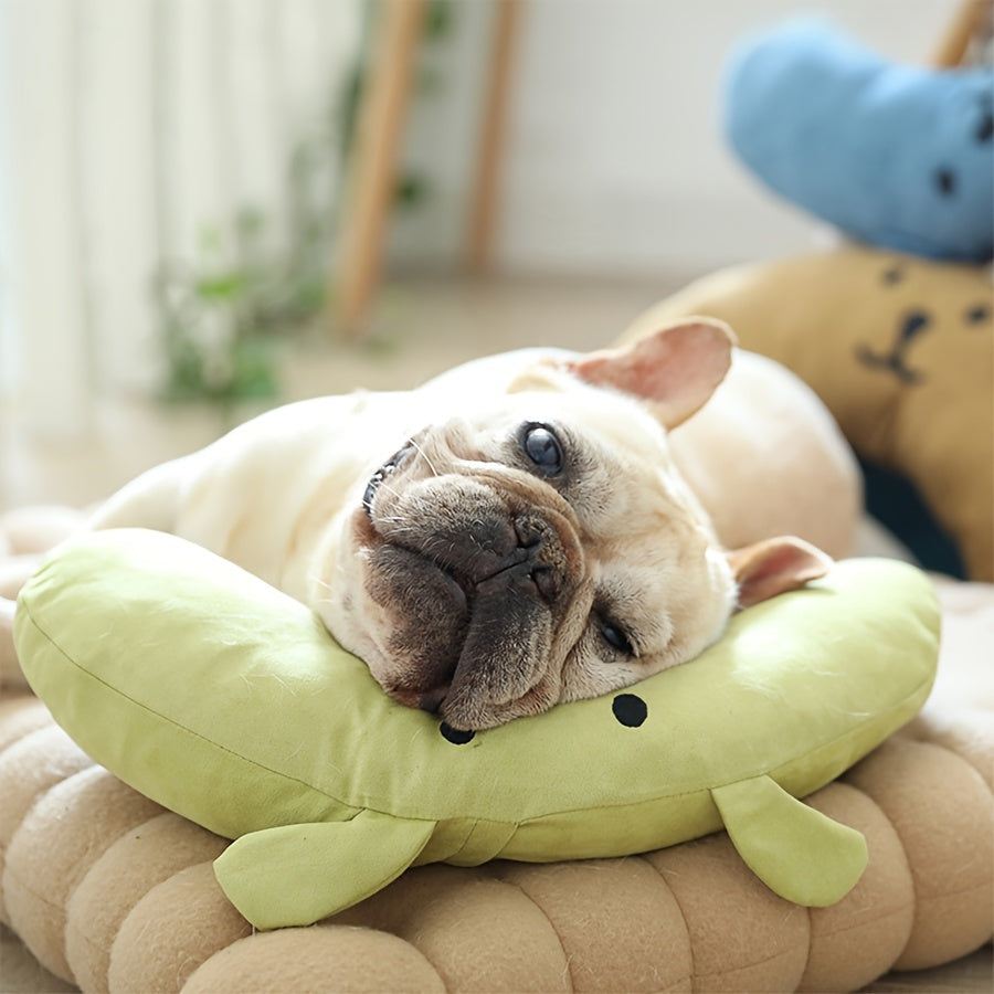 Happy dog resting on plush cartoon bear pillow.