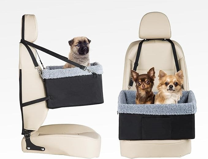 Two different styles of small dog booster seats attached to car seats.