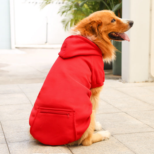 Dog wearing cozy dog hoodie in soft fabric for winter warmth in Red