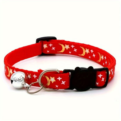 Red pet collar with bell and white star patterns