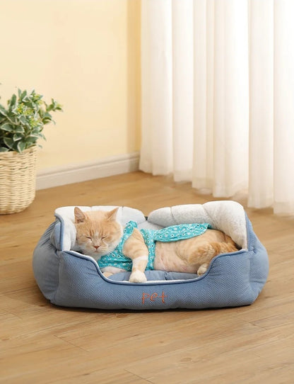 Luxurious plush cat bed convertible into a cozy house for pet relaxation.