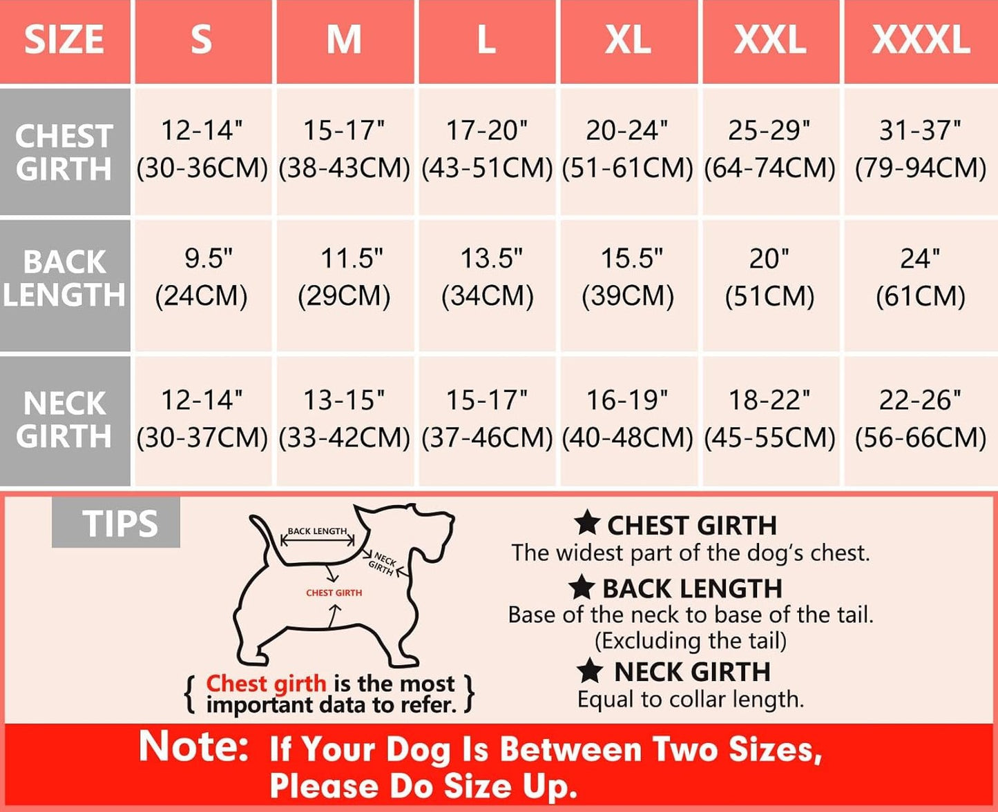 Size Chart of Warm Dog Jacket