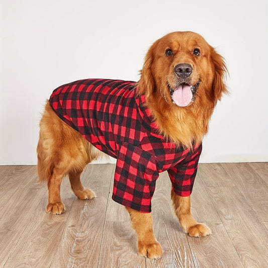 A cheerful golden retriever sporting a stylish red and black plaid sweatshirt