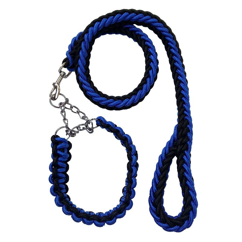 Nylon Eight-strand Braided Pro-rope Dog Leash & Collar Set in blue and black color