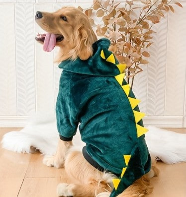 golden retriever showcasing the dinosaur hoodie 